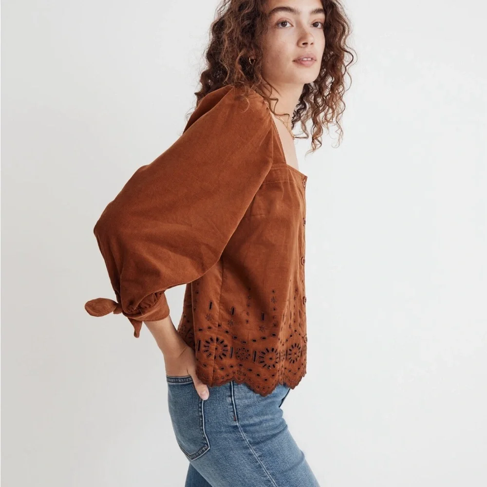 Madewell Embroidered Eyelet Corduroy Tie-Sleeve Top Small Rust Color Scalloped - Picture 2 of 7